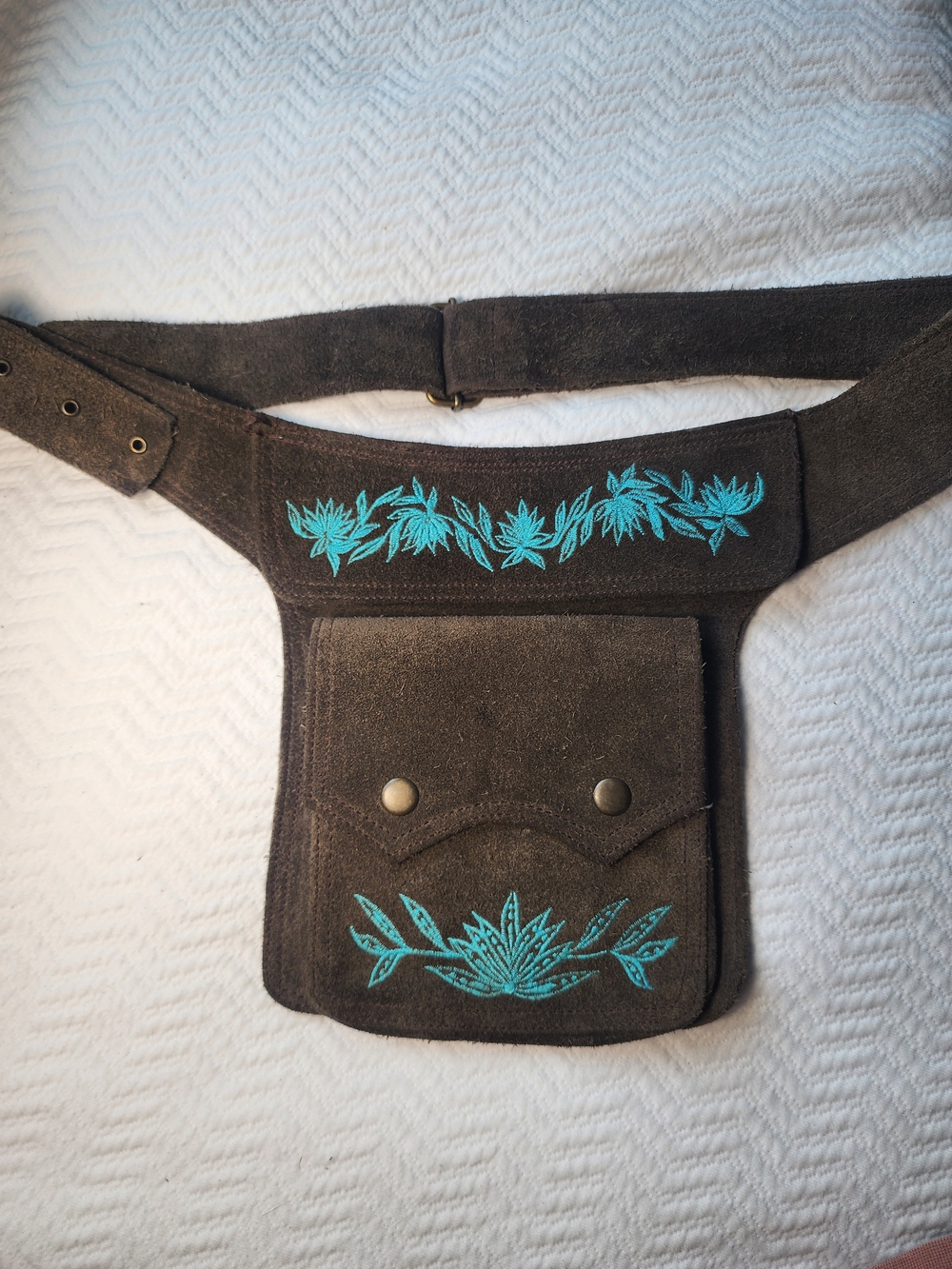 Vintage Suede Embroidered Festival Waist Bag - Teal on Brown